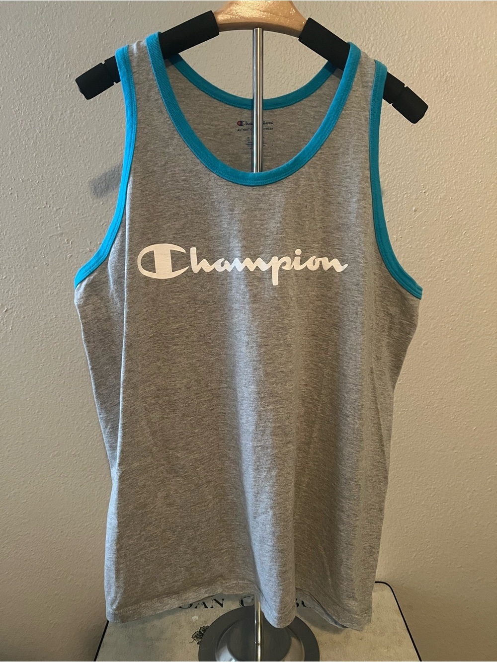 Champion Mens Classic Jersey Tank, Large Oxford Grey/Tidal Wave